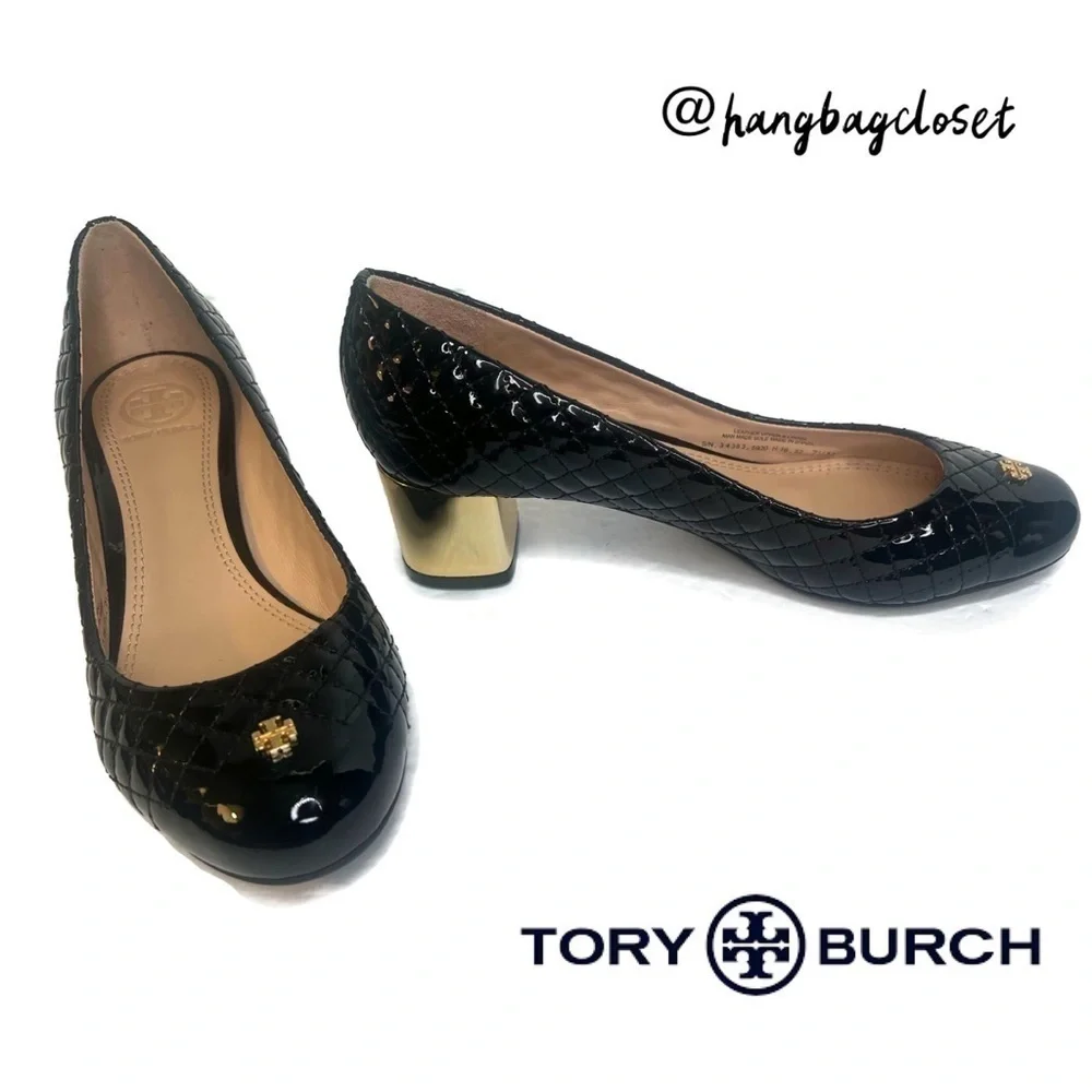 TORY BURCH #33379 Black & Gold Patent Leather Low Heels (US 7.5) Womens Shoes